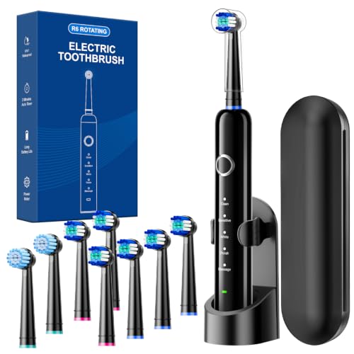 Rtauys Rotating Electric Toothbrush for Adults with 8 Brush Heads (2 Types), 5 Modes Rechargeable Power Toothbrush with Travel Case and 2 Minute Smrte Timer Black