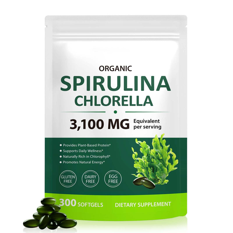 Tiuedu Spirulina Chlorella Softgels 300 Capsules, 17 in 1 Green Nutrient Blend Spirulina Chlorella Softgels,Rich in Plant Protein, Vitamins, Chlorophyll, Easy to Take Softgel