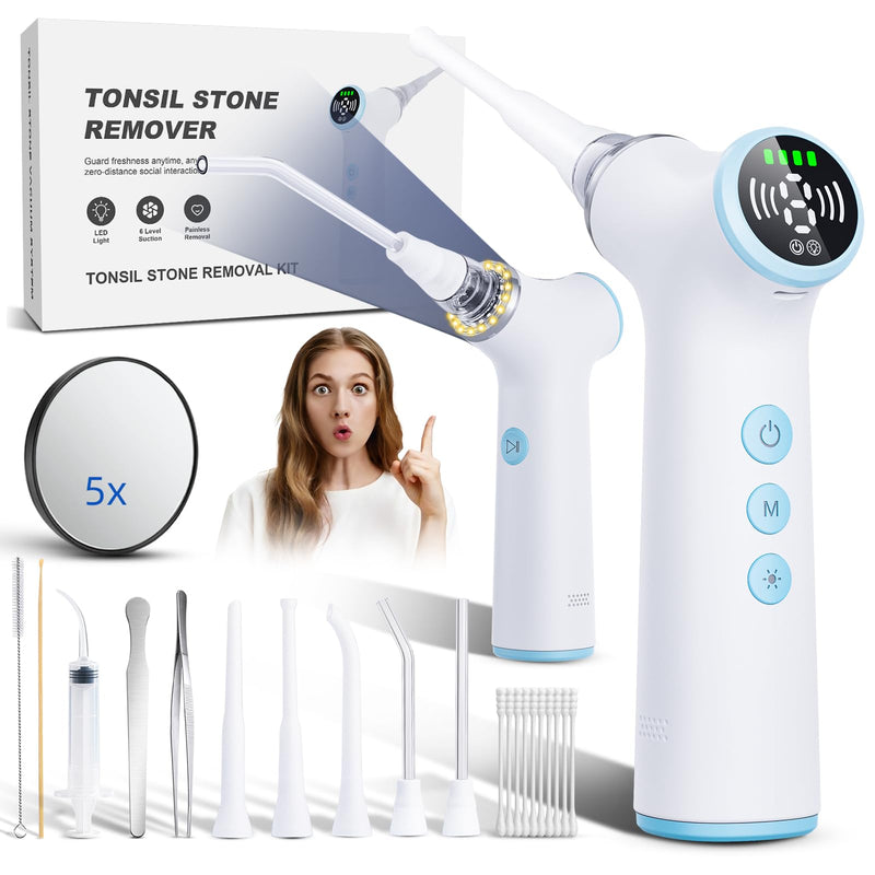 Electric Tonsil Stone Remover Vacuum – 8 Suction Levels with LED Light, Safety Pause Button & Oral Protection | High-Precision Tonsil Stone Removal Kit with 13 Attachments for Painless Cleaning White - BeesActive Australia