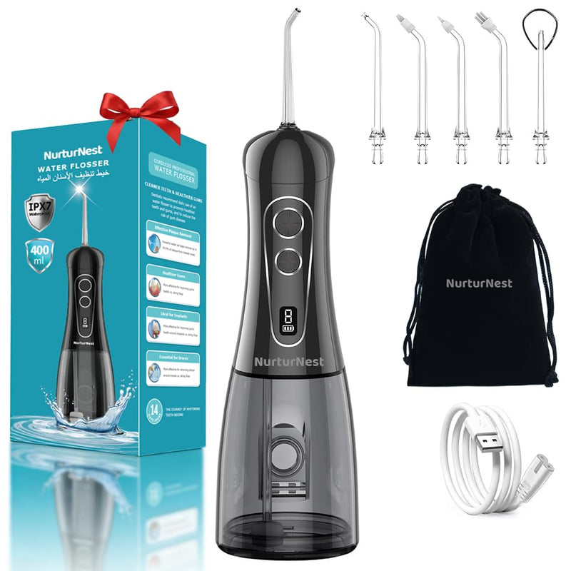 Water Flosser for Teeth, Cordless Oral Irrigator, Professional Rechargeable Dental Water flosser, IPX7 Waterproof, 8 Modes, Large Water Tank, 400ML(13.5oz) for Home & Travel, Black