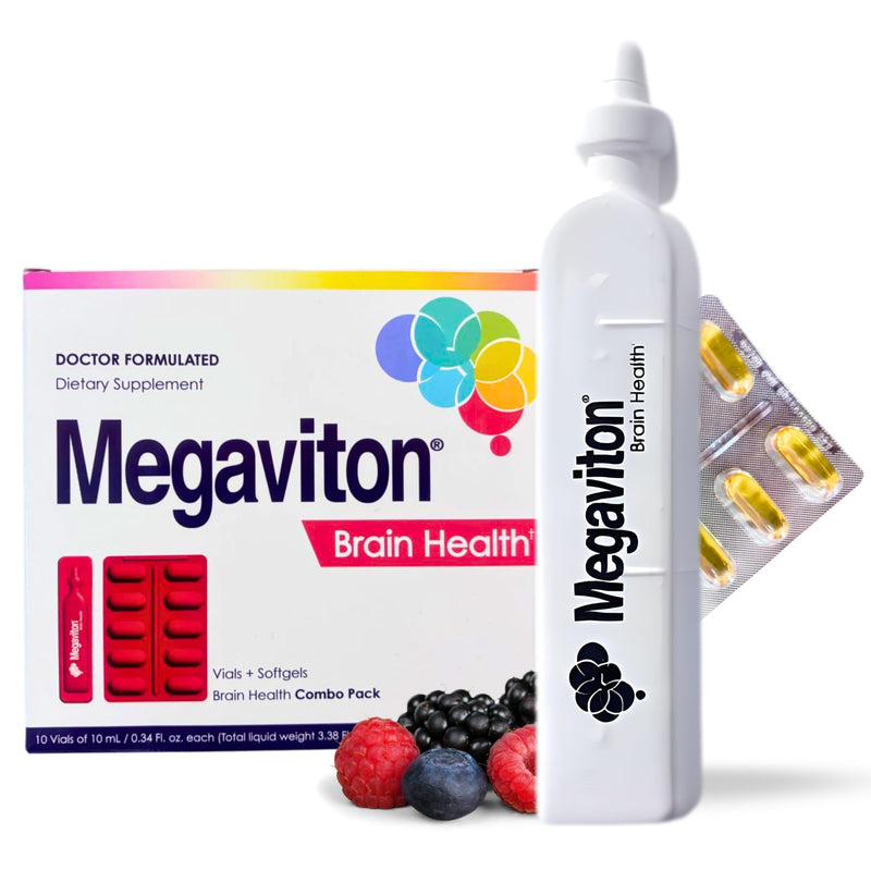 Brain Health Complete 3-in-1 Formula in 10 Liquid vials and 20 softgels, offering Daily Support for Cognitive Function, Mental Clarity, and Nervous System Health.