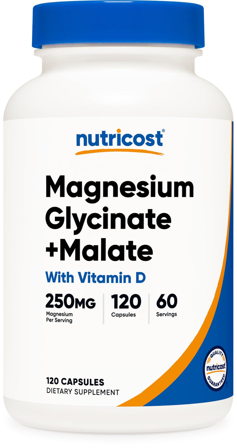Nutricost Magnesium Glycinate + Malate (250mg) 120 Caps, High Absorption | With Vitamin D, Vegan, Gluten-Free, GMO-Free, 60 Servings