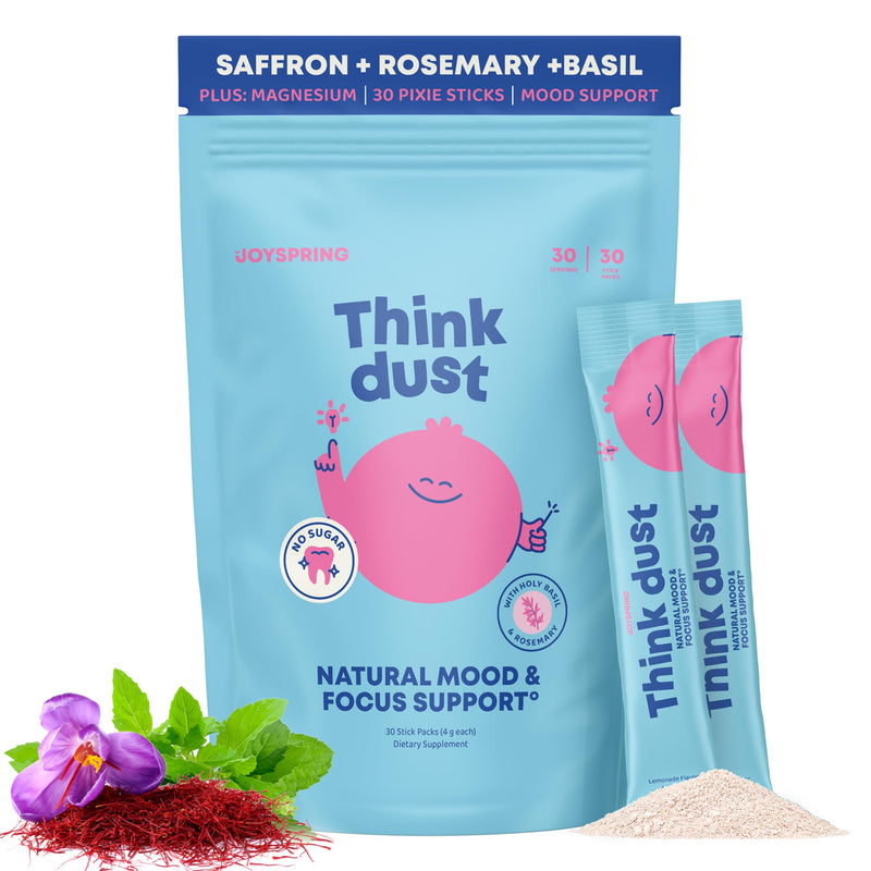 JoySpring Think Dust Kids Magnesium Sticks, Lemonade, 30 Servings | Bisglycinate form with L-theanine and saffron, supports calm and steady focus, sugar-free single-serve drink mix Safrron Stick