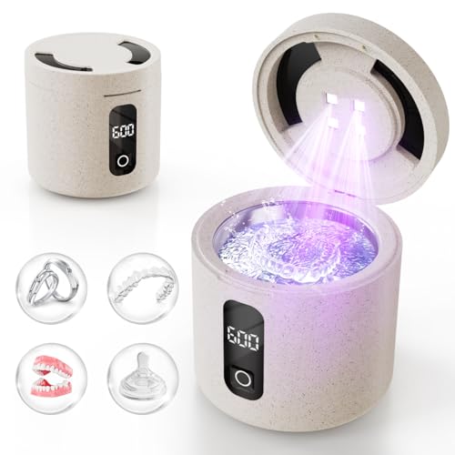 Ultrasonic Retainer Cleaner Machine, 45kHz ultrasonic Cleaner for Denture/Jewelry/Toothbrush with 4 Cleaning Modes, Digital Timer, 200ML Mouth Guard Cleaner for Aligner Beige
