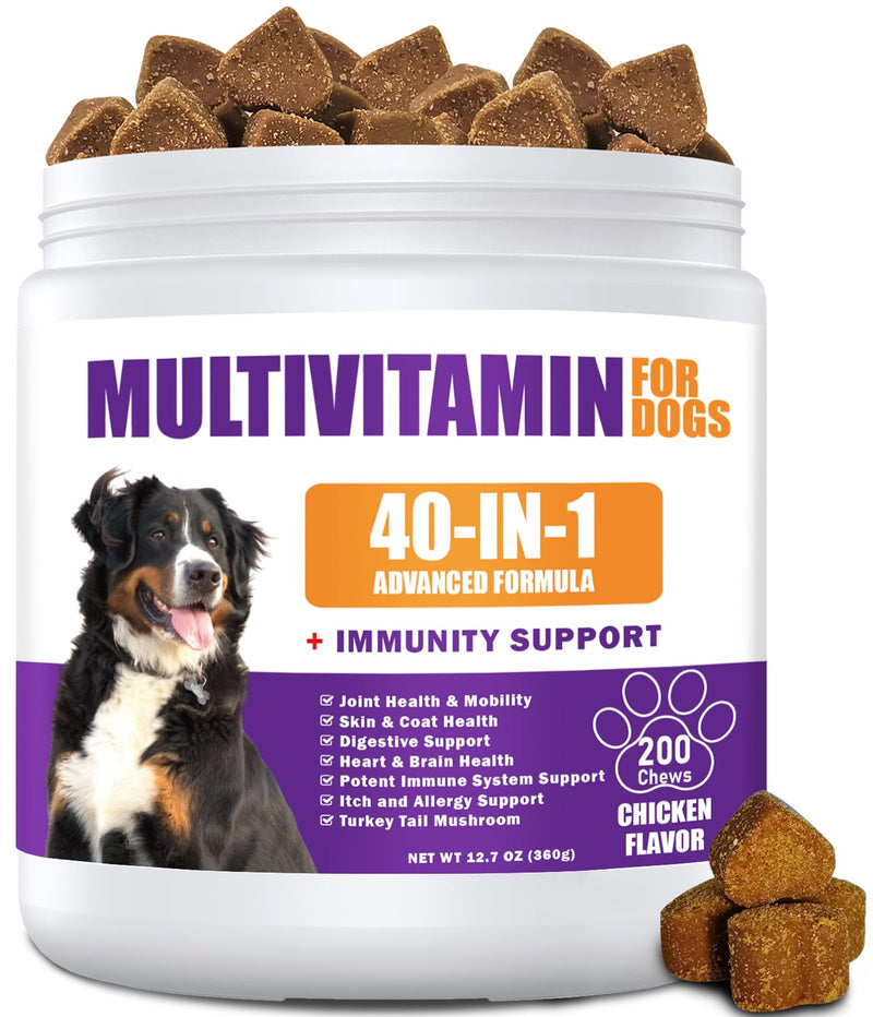 40 in 1 Dog Vitamins and Supplements 200Ct Dog Multivitamin Chewable, Immunity Support Multivitamin Vitamins with Turkey Tail Mushroom, Skin & Coat, Mobility, Gut & Heart Health, Hip & Joint Support 200 Count (Pack of 1)