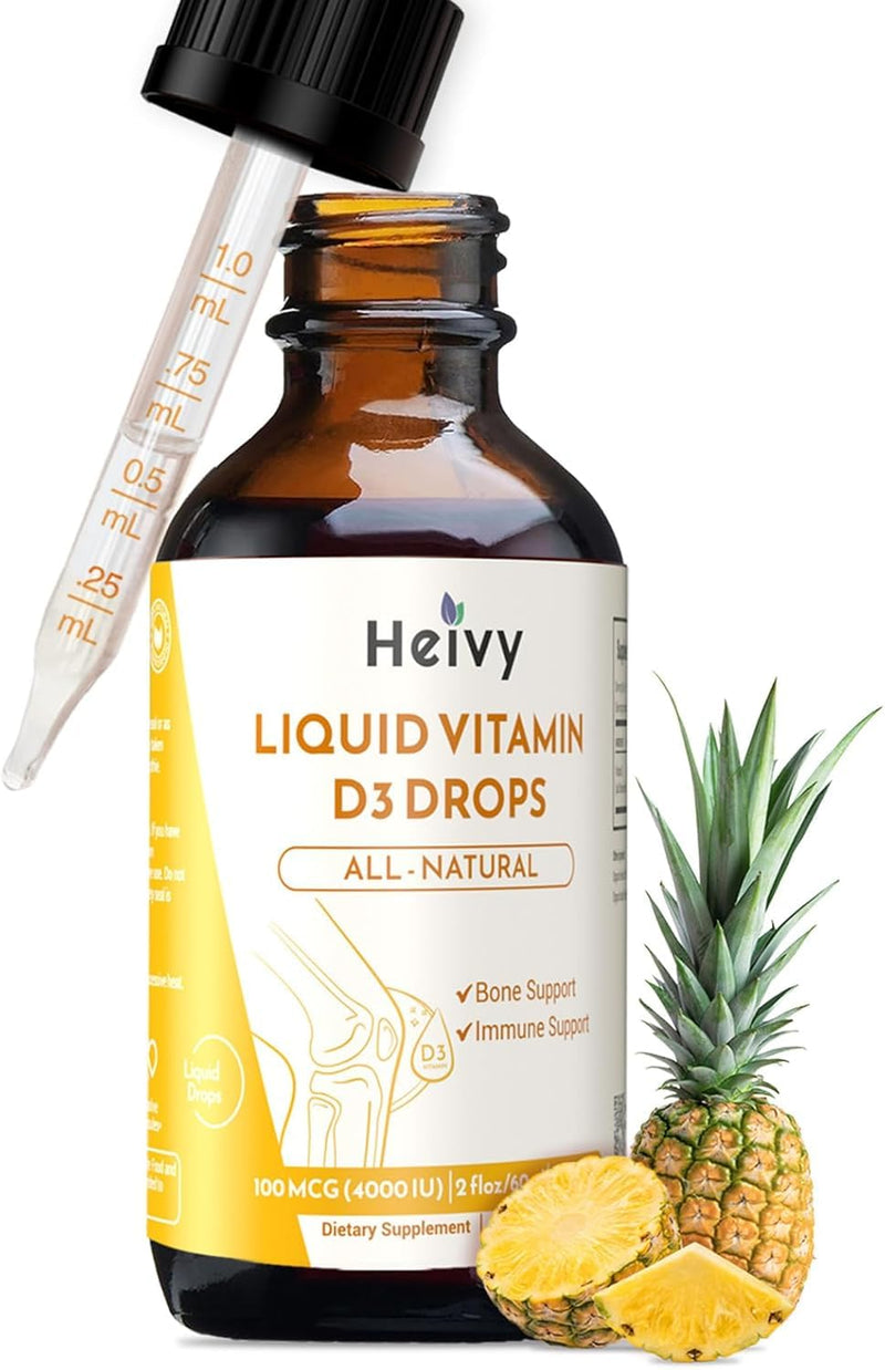 Heivy Liquid Vitamin D Drops 4000 IU (100 mcg), Vitamin D3 for Bone Health Support, Pineapple Flavor Vegan VIT D3 Drops, Made in USA, 60 Servings 2 Fl Oz (60ml)