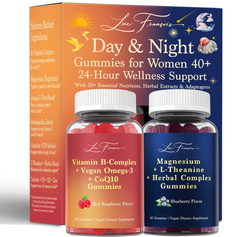Day & Night Multivitamin Gummies for Women 40+ - 24 Hours Supplement with Methyl B Complex Vitamins, Magnesium Glycinate, L-Theanine, Omega3 for Daytime Energy & Nighttime Zzz - Vegan, Sugar-Free