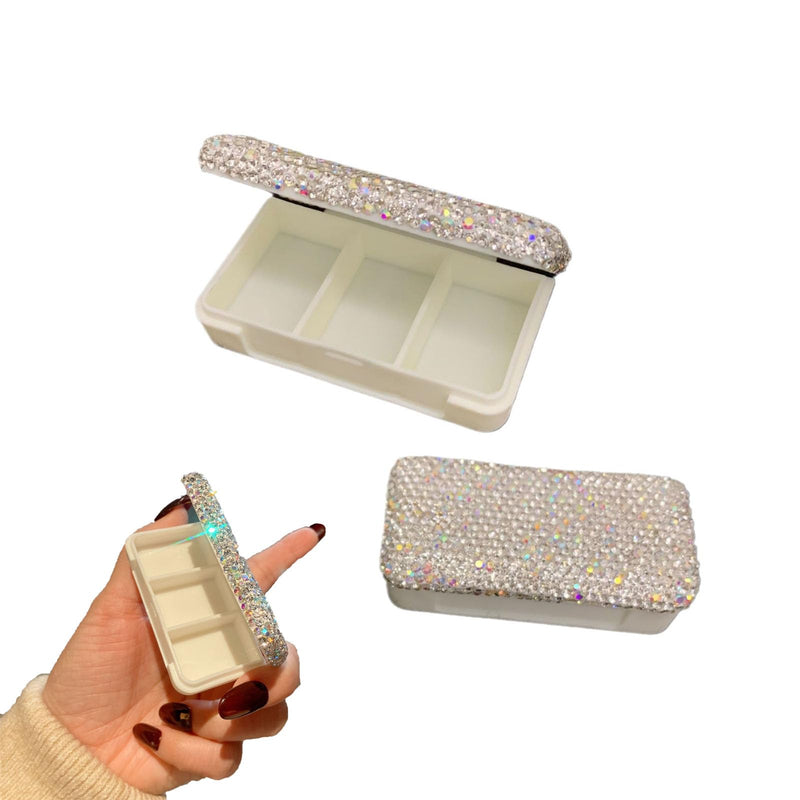 1 Pack Mini Portable Rhinestone Pill Box,Luxury Travel Pill Organizer, 3 Compartment Sealed Leakproof Pill Case for Purse,Pocket Medication Vitamin Holder,Small Jewelry Storage,Gift for Women Silver