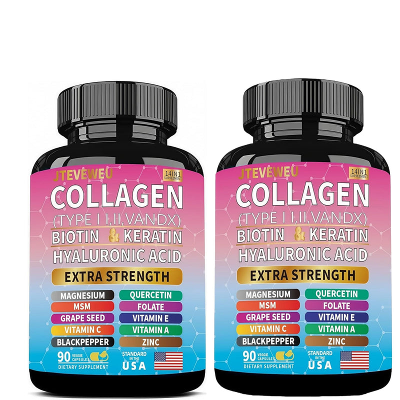 Collagen Supplement - Type I, II, III, V and X - with Biotin, Keratin, Hyaluronic Acid & 13+ Extra Strength Ingredients - （180 Capsules） 90 Count (Pack of 2)