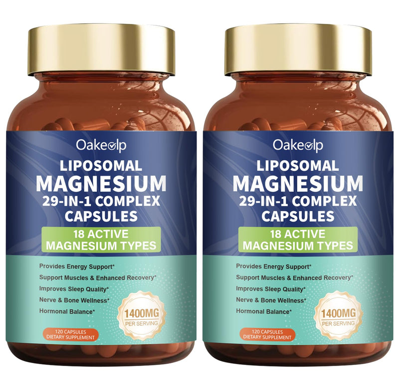 2 Pack 29-in-1 Liposomal 18 Active Types Magnesium Complex 1400MG Capsule,Citrate Glycinate Malate etc,Mild & Efficient,Extra Vitamin B6 B12 D3K2 & CoQ10, Relaxation Nerve* & Hert* Support 18 Types Magnesium Unflavored 120 Count (Pack of 2)