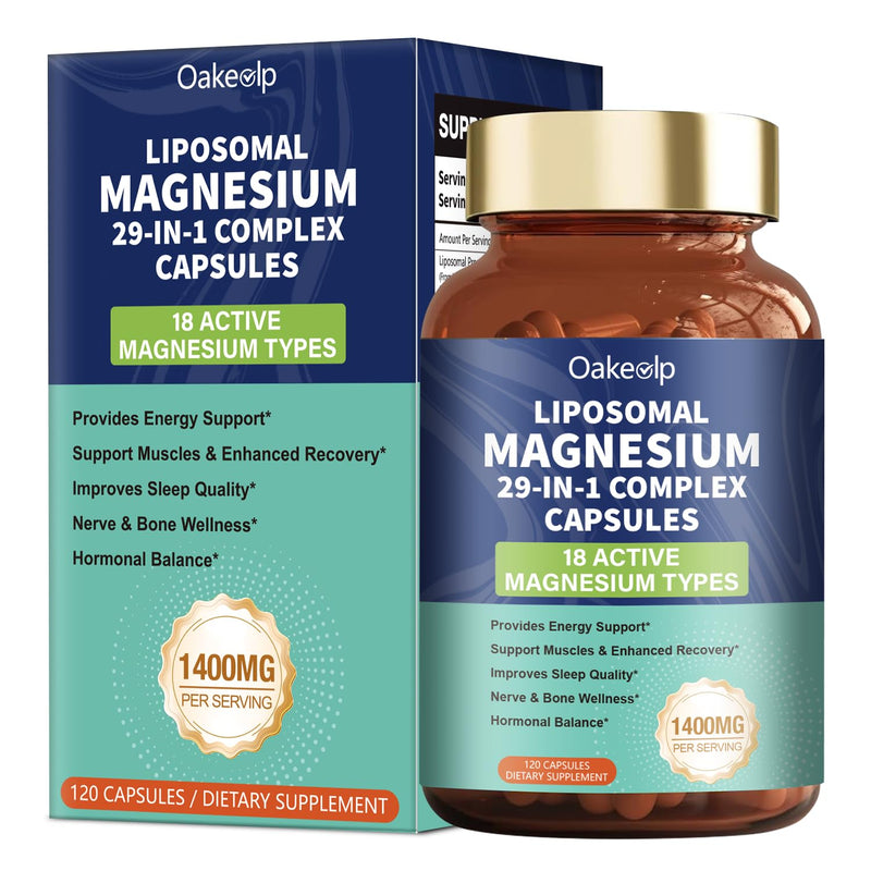 29-in-1 Liposomal 18 Active Types Magnesium Complex 1400MG Capsule,Citrate Glycinate Malate etc,Mild & Efficient,Extra Vitamin B6 B12 D3K2 & CoQ10, Relaxation Nerve* & Hert* Support 18 Types Magnesium Unflavored 120 Count (Pack of 1)