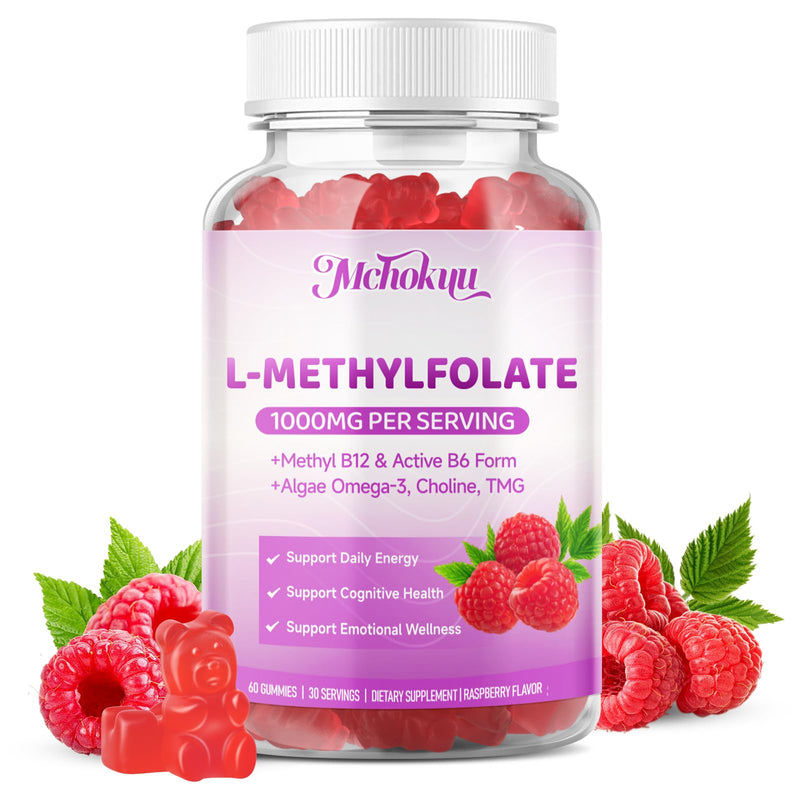 L-Methylfolate (5-MTHF) Gummies 1000mcg, Active Folate Supplement for Men & Women with Methyl B12, Choline, TMG & Omega-3, Sugar Free Vegan Raspberry, 60 Count 60 Count (Pack of 1)