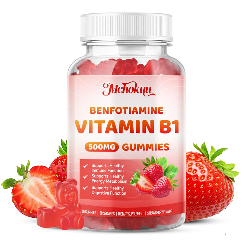 Vitamin B1 Gummies 500mg with Benfotiamine – Thiamine Supplement for Women & Men Supports Healthy Energy Metabolism & Immune, Sugar-Free | Vegan | Non-GMO, Natural Strawberry Flavor, 60 Count 60 Count (Pack of 1)