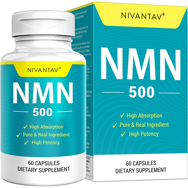 NMN Supplement, 99% Pure NMN 500mg for NAD+, 60 Capsules (60 Days Supply) | Stabilized NMN Supplement for NAD, Cellular Energy, Immune, Muscle, Skin, Anti-Aging & Longevity, Vegan, Higher Absorption 60 Count (Pack of 1)