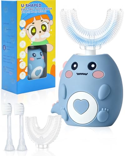 Kids Electric U Shaped Toothbrush for Ages 2-12, Sonic 360º Cleaning Toothbrush with 4 Brush Heads, 3 Modes, 50s Timer, IPX7 Waterproof, Cartoon Dinosaur Design, Gift for Boys & Girls (Blue) Blue