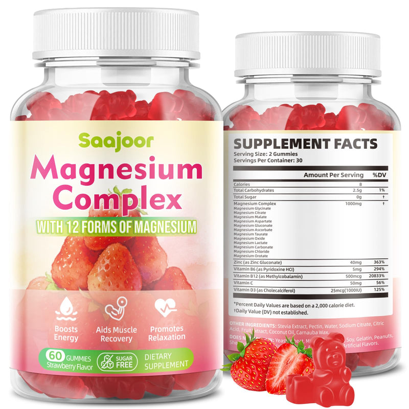 Magnesium Complex Gummies – with 12 Forms of Magnesium (Citrate, Glycinate, Malate, Oxide, and More) Plus Vitamins B6, B12, and C. for Women and Men – Strawberry Flavor, 60 Count 1 Pack