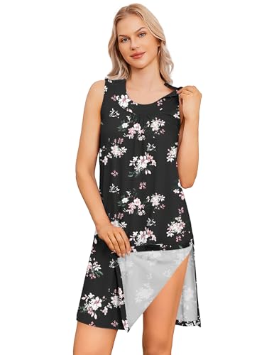 Deyeek Women's Post Shoulder Surgery Dress Tear Away Sleeveless Dress Side Full Open Chemo Port Adaptive Nightgown Black Print Medium