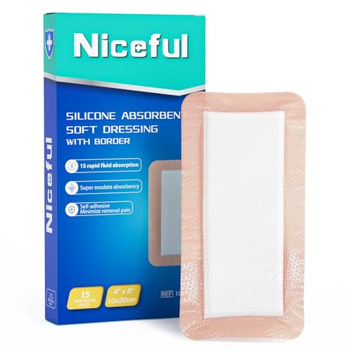 Niceful Super Absorbent Silicone Dressing 4"x8" 15Pcs for Post Surgery 4"x8" (15PCS) Self-Adhesive