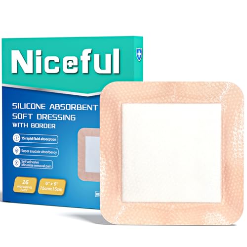 Niceful Super Absorbent Silicone Wound Dressingm Large Bandages 6"x6" 16Pcs 6"x 6"(16 PCS) Self-Adhesive
