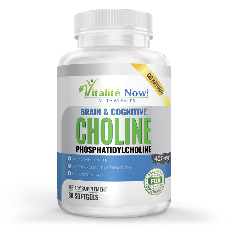 Vitalité Now! Choline Phosphatidyl, High Potency, Phosphatidylcholine 420mg | Phospholipid, Pregnancy Support, Mental Clarity, Energy, Liver, Brain, & Cognitive Health, Softgels, Non-GMO, Made in USA
