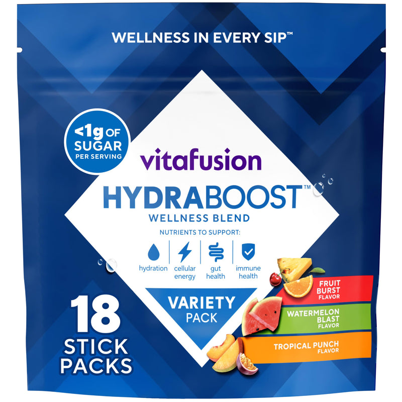 Vitafusion Hydraboost Drink Powder Packets, Electrolytes Support Daily Hydration, Vitamins Support Cellular Energy & Immune Health, Prebiotic Fiber Supports Gut Health, Variety Pack, 18 Sticks