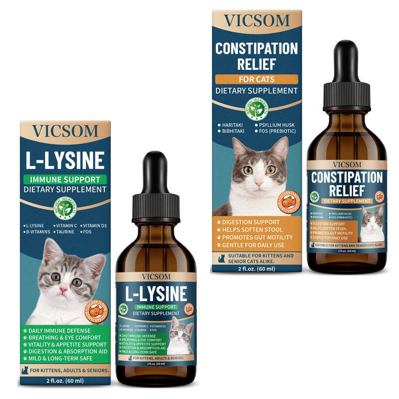 Cat Lysine & Constipation Support Bundle, Liquid Lysine for Cats & Natural Digestive Drops, Immune, Respiratory & Regularity Support, Chicken Flavor, 60 ml Each