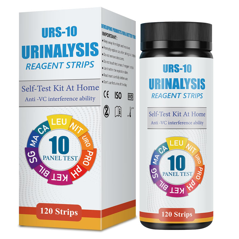 Urinalysis Test Strips - 120 CT | 10-in-1 Comprehensive Urinalysis for Microalbumin, Calcium, PRO, URO, NIT, LEU, SG, BIL, KET, pH | Home Urine Test Strips for Urinary Tract Infections