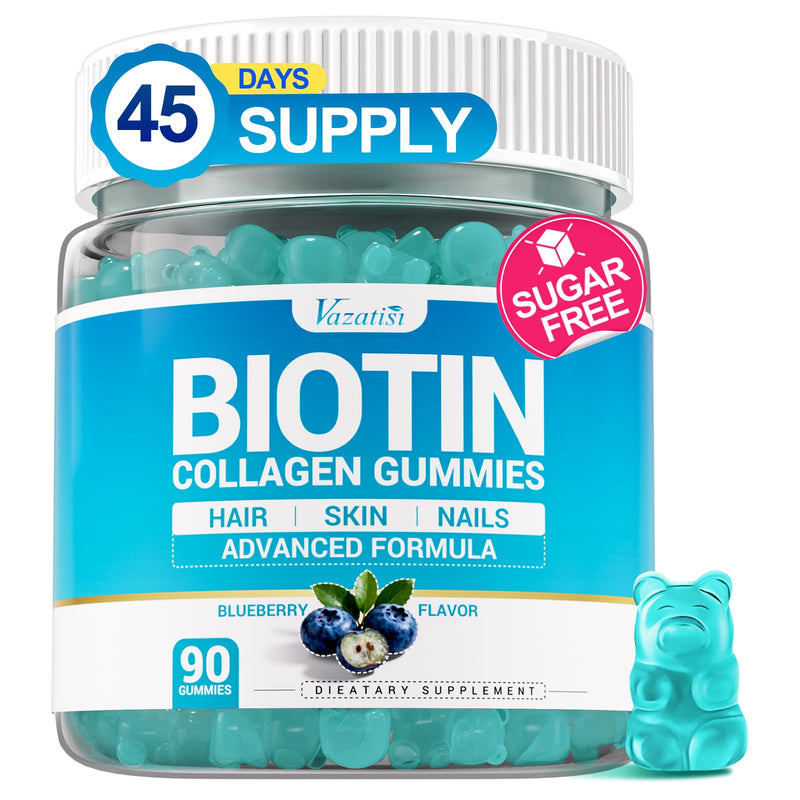Biotin Gummies 15,000 mcg with Collagen & Keratin – 13-in-1 Hair Skin & Nails Gummies for Women & Men, Hair Growth, Sugar Free Non-GMO, Blueberry, 90 Count 90 Count (Pack of 1)