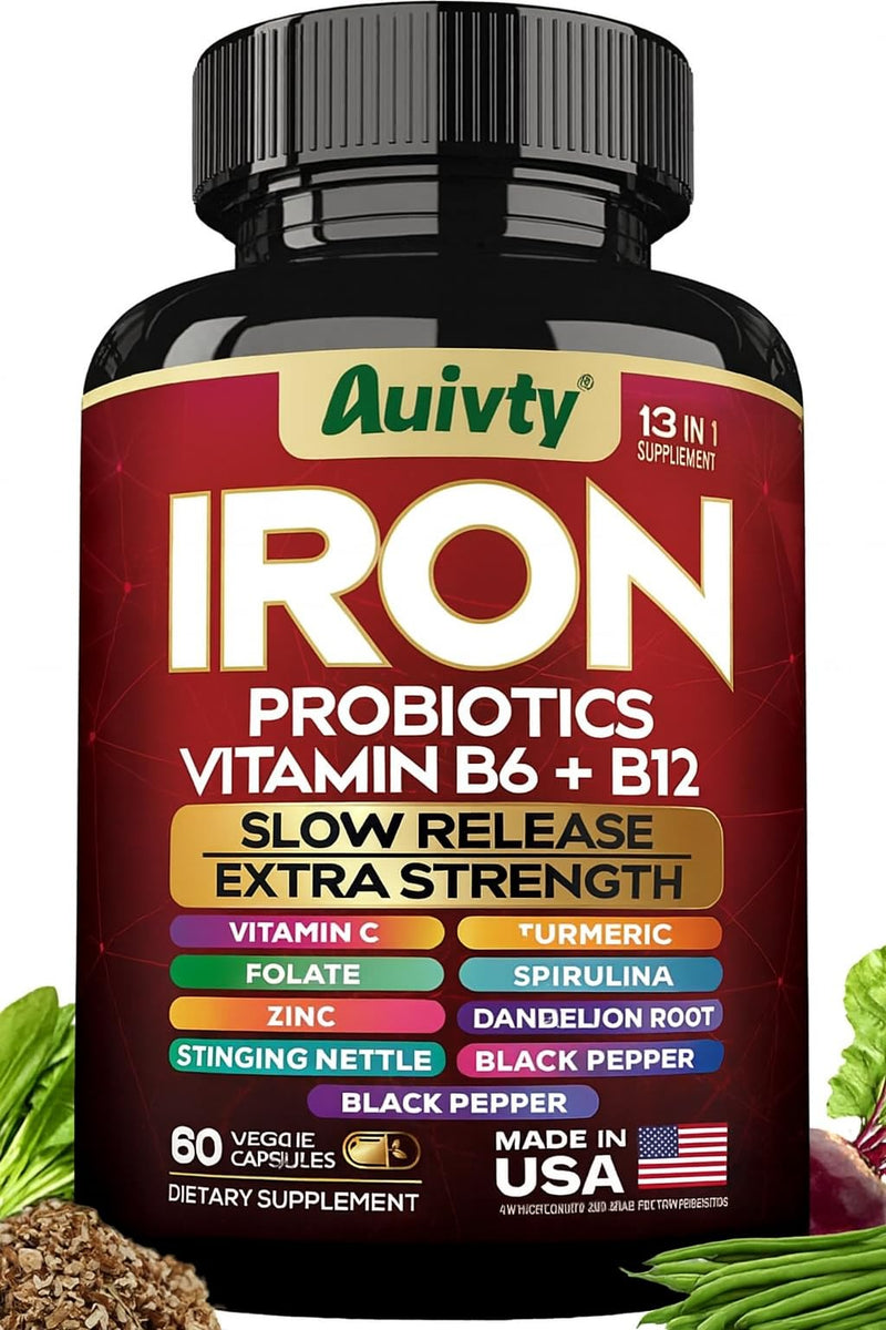 Iron Supplement with Slow Release Iron, Probiotics, Spirulina, Turmeric, Vitamin C, B6, B12, Zinc & Folate, 13-in-1 Daily Support, Gentle on Stomach, 60 Veggie Capsules