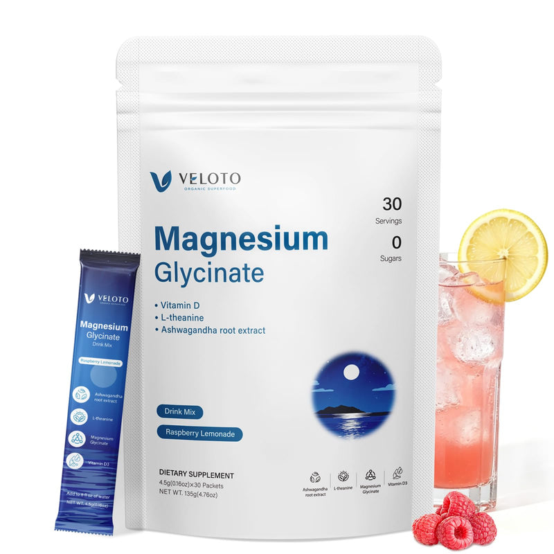 VELOTO Magnesium Glycinate Calm Drink Mix, Sugar Free Magnesium Supplement | with L-Theanine, Ashwagandha & Vitamin D3, Calm Powder for Relaxation, Stress Support & Sleep Support,Raspberry Lemon