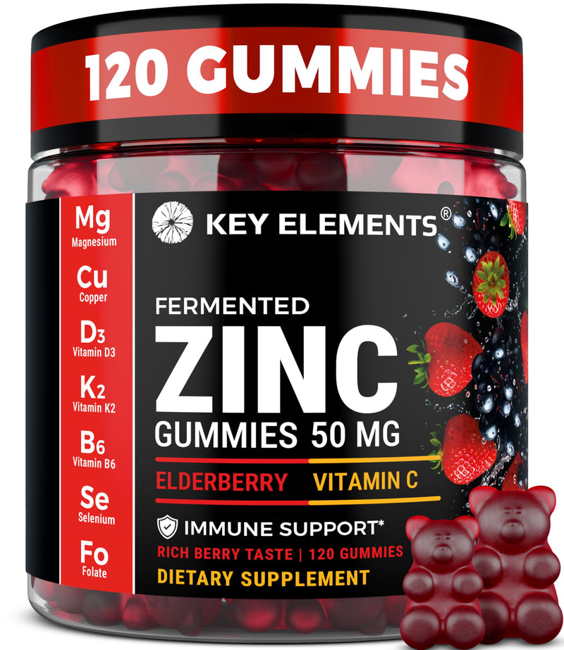KEY ELEMENTS Immune Support Zinc Gummies 50mg with Elderberry Vitamin C | Rich Berry Taste Natural Antioxidant Zinc Supplements with Copper Vitamin D3 K2 Magnesium | Sugar-Free, 120 Gummies