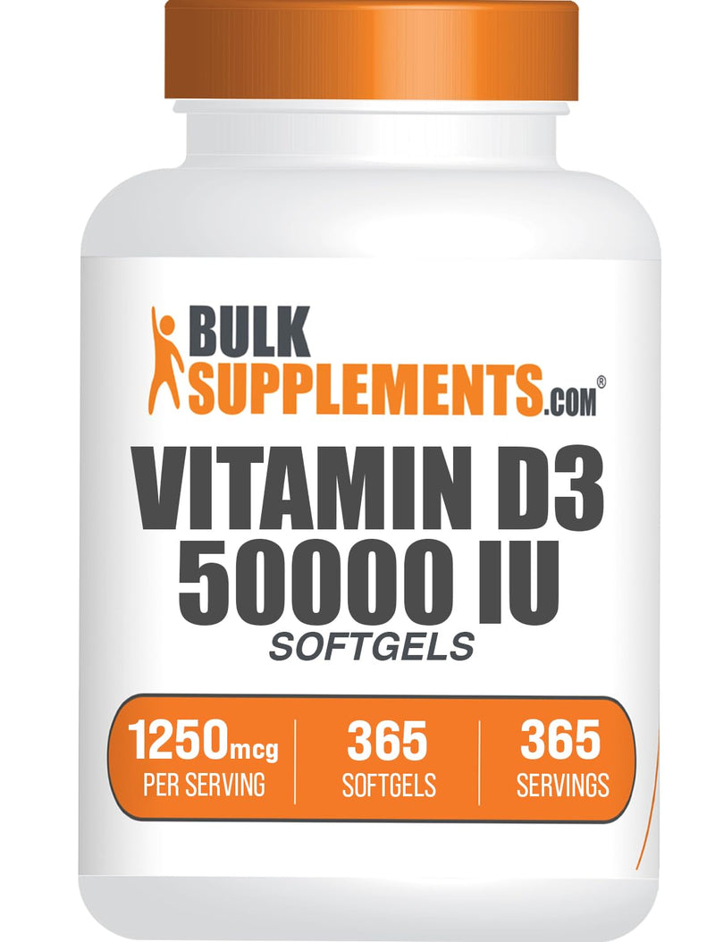 BulkSupplements.com Vitamin D3 Softgels - Gluten Free, 1 Softgel per Serving (50000 IU), 365 Count (Pack of 1)
