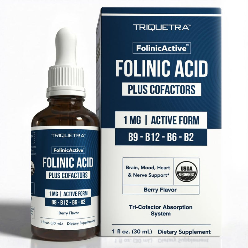 FolinicActive™ Organic Folinic Acid Liquid Drops for Brain, Heart, Nerve & Mood Support - 1700 mcg with B12, B6 & Riboflavin B2 - Tri-Cofactor Absorption System -Berry Flavor Drops, 1fl oz-60 Servings 1 Fl Oz (Pack of 1)