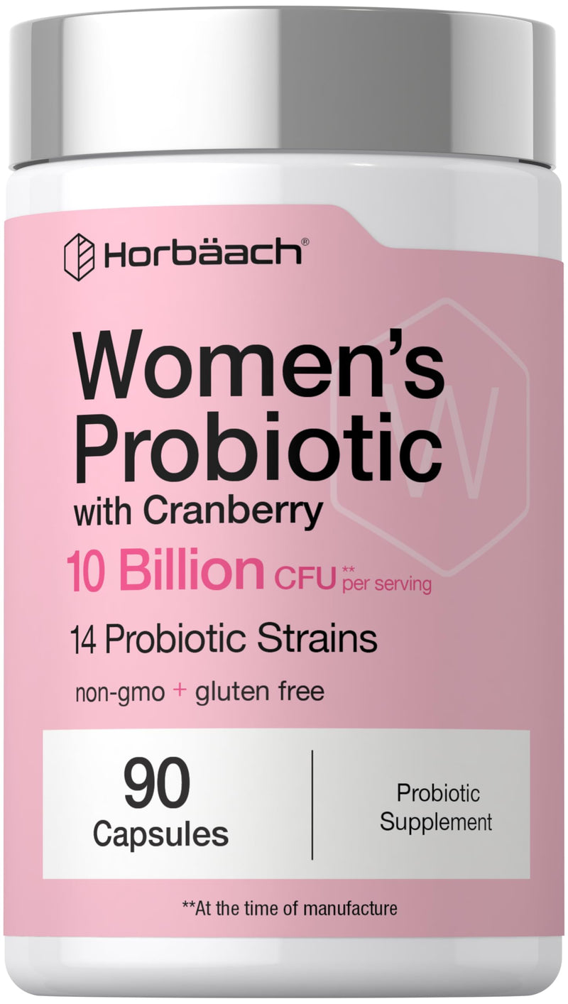 Horbäach Women's Probiotic with Cranberry Supplement | 10 Billion CFU | 14 Probiotic Strains | 90 Capsules | Non GMO, Gluten Free