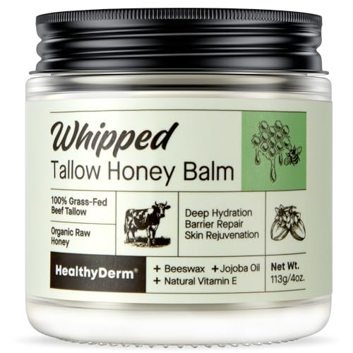 Beef Tallow Honey Balm for Skin: 100% Grass Fed Whipped Organic Moisturizer with Organic Raw Honey, Jojoba Oil, Vitamin E – Natural Face and Body Care for Mature, Dry or Sensitive Skin, 4oz 4 Ounce (Pack of 1)