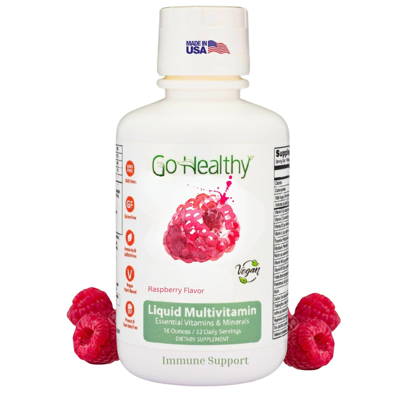 Go Healthy Liquid Vitamins for Women, Men, Teens | Vegan Vitamin & Mineral | High Absorption | Premium Liquid Multivitamin | Immune Support | Raspberry - 32 Servings 16 Fl Oz (Pack of 1)