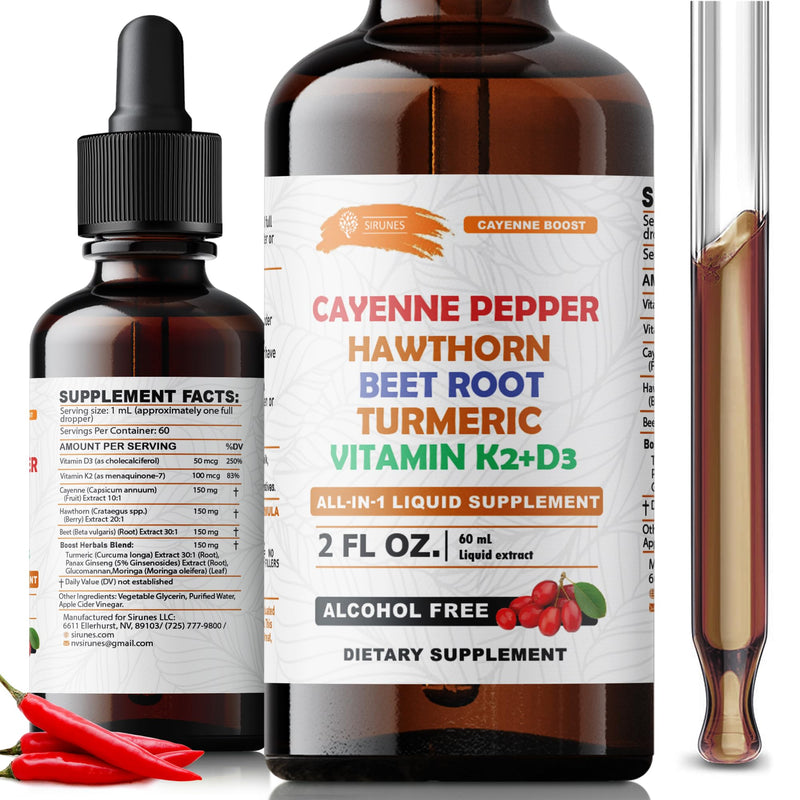 Cayenne Pepper Drops with Hawthorn Beet Root Turmeric Vitamin K2+D3 Liquid Supplement, Alcohol Free, 2 FL OZ, 60 Servings
