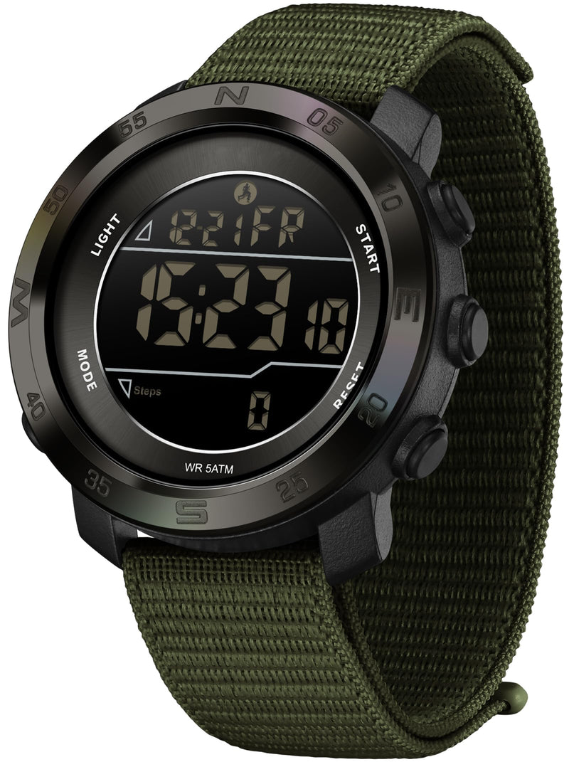 findtime Mens Digital Sport Watch Pedometer Step Counter Watches Military Minimalist Waterproof Tactical Outdoor Army Wrist Watch Dual Time Led Countdown Stopwatch Alarms Nylon Strap, No App Green