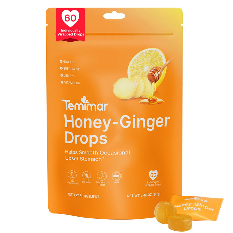 Honey-Ginger Drops for Nausea Relief, Support Upset Stomach & Motion Sickness Relief, Added Ginger & Vitamin B6 for Pregnant Women Morning Sickness, 60 Individually Lozenges Honey-Ginger 60 Count