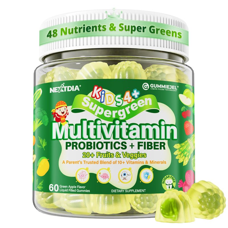 Kids Multivitamin Gummies, 20+ Fruit Veggies Super Greens Gummies for Kids | Superfood Daily Fiber Gummies for Picky Eater w/ Probiotics, Vitamins & Minerals for Growth, Gut, Immune -Sugar Free, 60Cts 60 Count (Pack of 1)