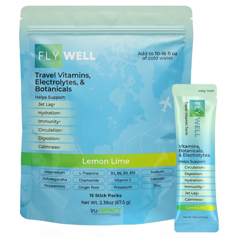 Travel Vitamin Tonic for Flights, Hydration, Circulation, Digestion & Immune Support, Electrolyte Powder, Travel Essentials, Lemon Lime, 15 Sticks