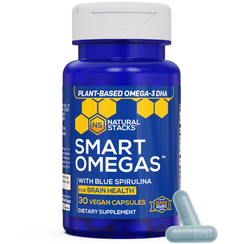 Smart Omega 3 Supplement with Blue Spirulina & Algae Oil DHA, 30 Capsules | Fish Oil Free Antioxidant Supplement - Plant Based Algae Oil w/ 200mg DHA for Brain Health - Non-GMO & Vegan - Natural Stacks
