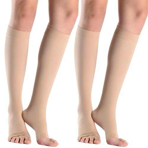 2 Pairs 20-30 mmHg Graduated Compression Socks for Women & Men, Open Toe Knee High stocking, Support Circulation, Travel & Daily Comfort Medium 20-30mmHg Beige 2Pairs