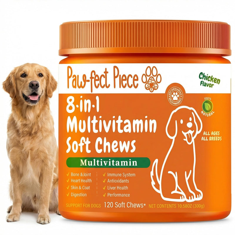 Paw-FECT Piece 8-in-1 Natural Dog Multivitamin Chews, Dog Supplement for Hips & Joints, Skin & Coats, Digestion, Immune Support, Omega 3, Anitoxidents, for All Ages and Breeds, Chicken-120 Count