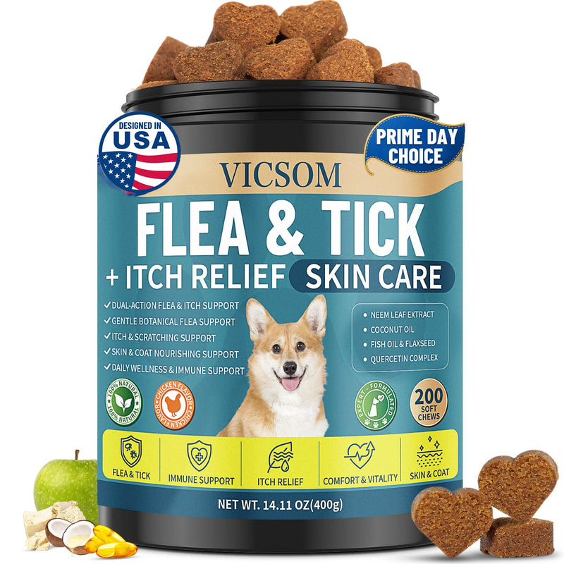 Flea and Tick Prevention for Dogs Itching Skin Relief, 200 Chewable Flea and Tick for Dog with Skin & Coat Support, Itch Relief for Dogs, Oral Supplement for All Breeds & Ages, Chicken Flavor