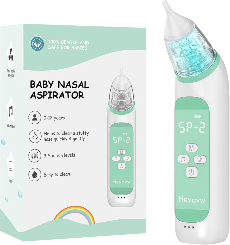 Electric Nose Suction for Baby,Baby Nose Aspirator with 3 Suction Levels and 3 Silicone Tips Fit 0-24 Months Infant ,Soothing Music & Light Distracts Help Toddler During Sick Days,Green. Green