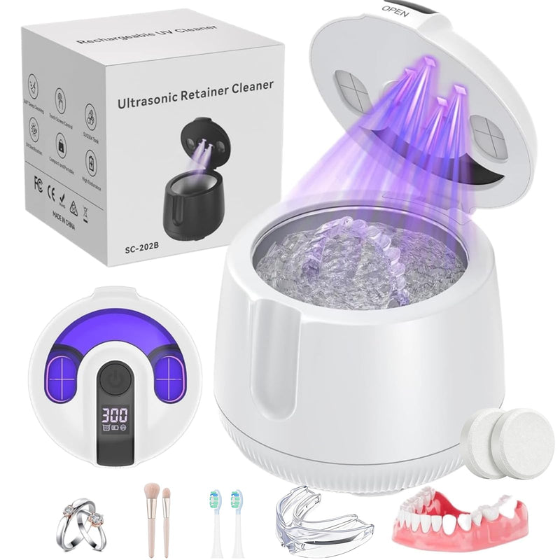 Ultrasonic Retainer Cleaner Machine 48kHz, Cordless Dental Cleaning Pod, Ultrasonic Retainer Cleaner for Aligners, Dentures, Mouth Guards, Toothbrush Heads and Jewelry with 200ML Capacity, LAB Supply White - BeesActive Australia