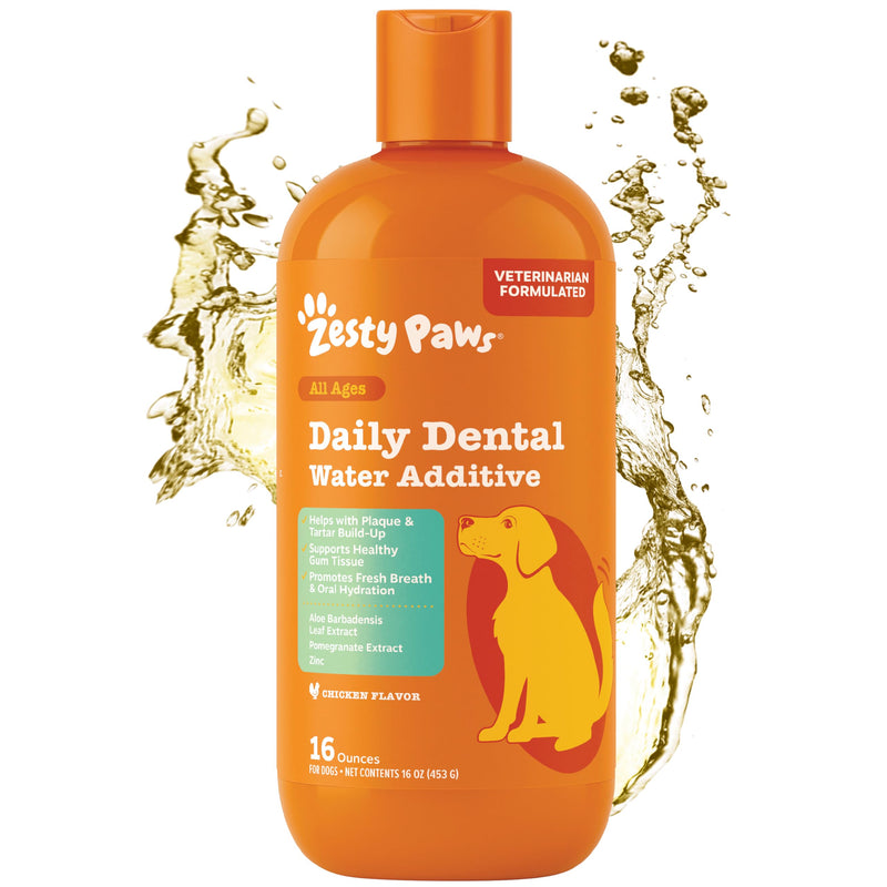 Zesty Paws Dog Dental Water Additive - Dog Breath Freshener + Oral Care - Plaque & Tartar Control - for Teeth & Gum Health - Pomegranate, Green Tea, Aloe & Zinc Extract 16oz