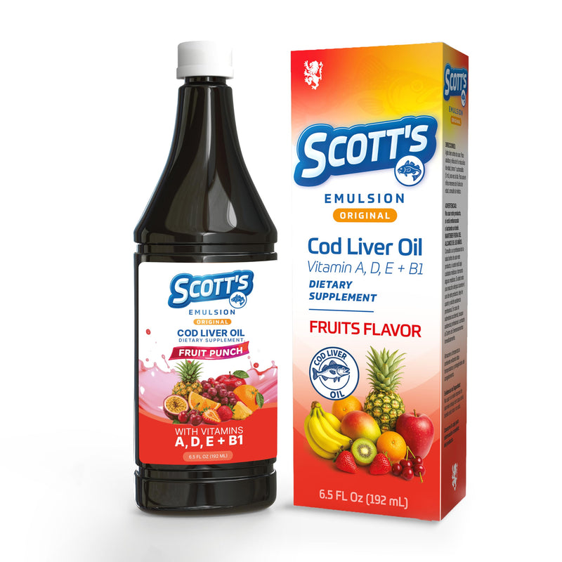 SCOTT'S EMULSION Cod Liver Oil Liquid for Kids – Fruits Flavor – Supports Growth, Immunity & Bone Health – Rich in Omega 3 & Vitamins A+D – Easy-to-Take Fish Oil – 6.5 Fl Oz Fruit Punch 6.5 Fl Oz (Pack of 1)