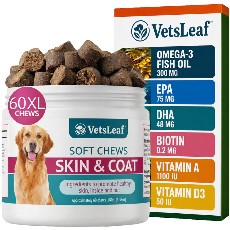 Dog Skin and Coat Supplement Chews - Omega-3 Fish Oil, EPA & DHA, Biotin, Vitamin A & D3 - Coat Shine, Skin Hydration, Shedding & Itch Relief - Made in USA - 60 Count Skin & Coat
